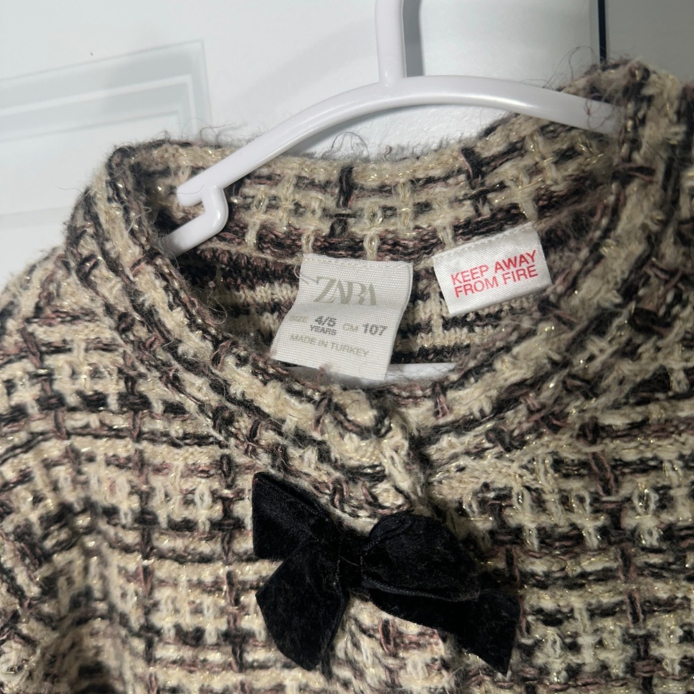 Zara Cardigan Kids 4/5 Brown Tweed Knit Velvet Bow Metallic Cropped Jacket - Picture 3 of 5